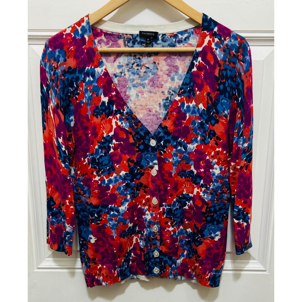 Talbots‎ Women's Multicolor Floral V Neck 3/4 Sleeve Button Cardigan Sweater M